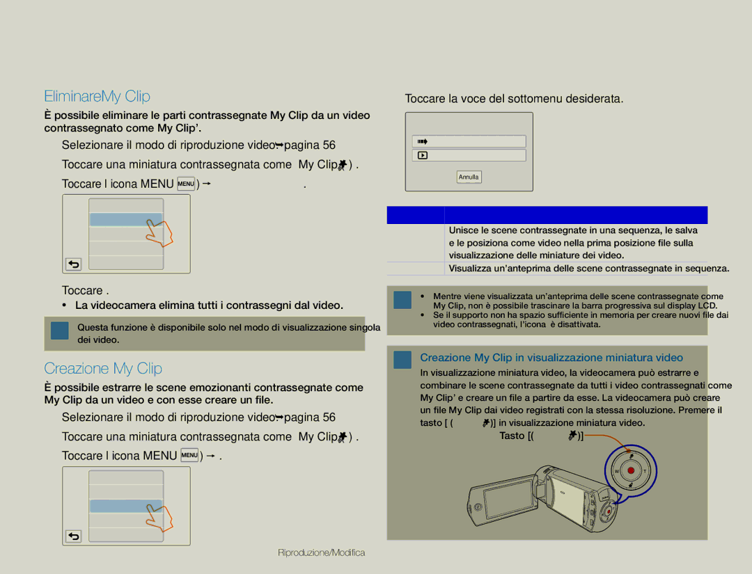 Samsung HMX-QF30BP/EDC, HMX-QF30WP/EDC manual Creazione My Clip, Toccare l’icona Menu  EliminareMy Clip 