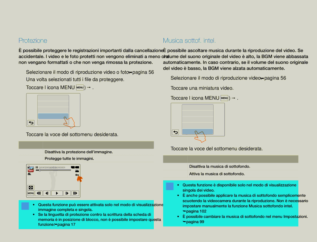 Samsung HMX-QF30WP/EDC, HMX-QF30BP/EDC manual Musica sottof. intel, Toccare l’icona Menu  Protezione 