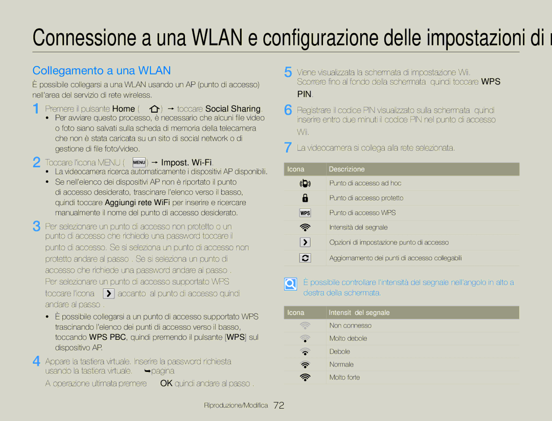 Samsung HMX-QF30BP/EDC, HMX-QF30WP/EDC manual Collegamento a una Wlan, Toccare l’icona Menu  Impost. Wi-Fi 