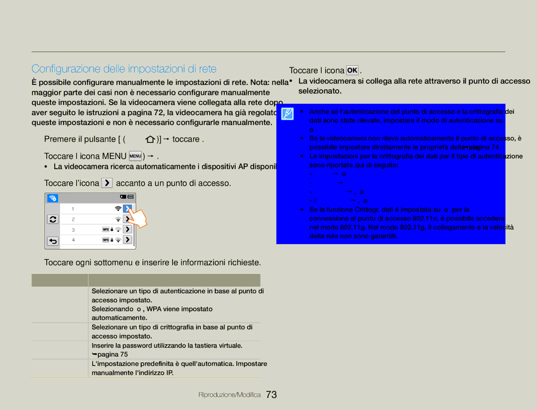 Samsung HMX-QF30WP/EDC manual Configurazione delle impostazioni di rete, Premere il pulsante Home  toccare Social Sharing 