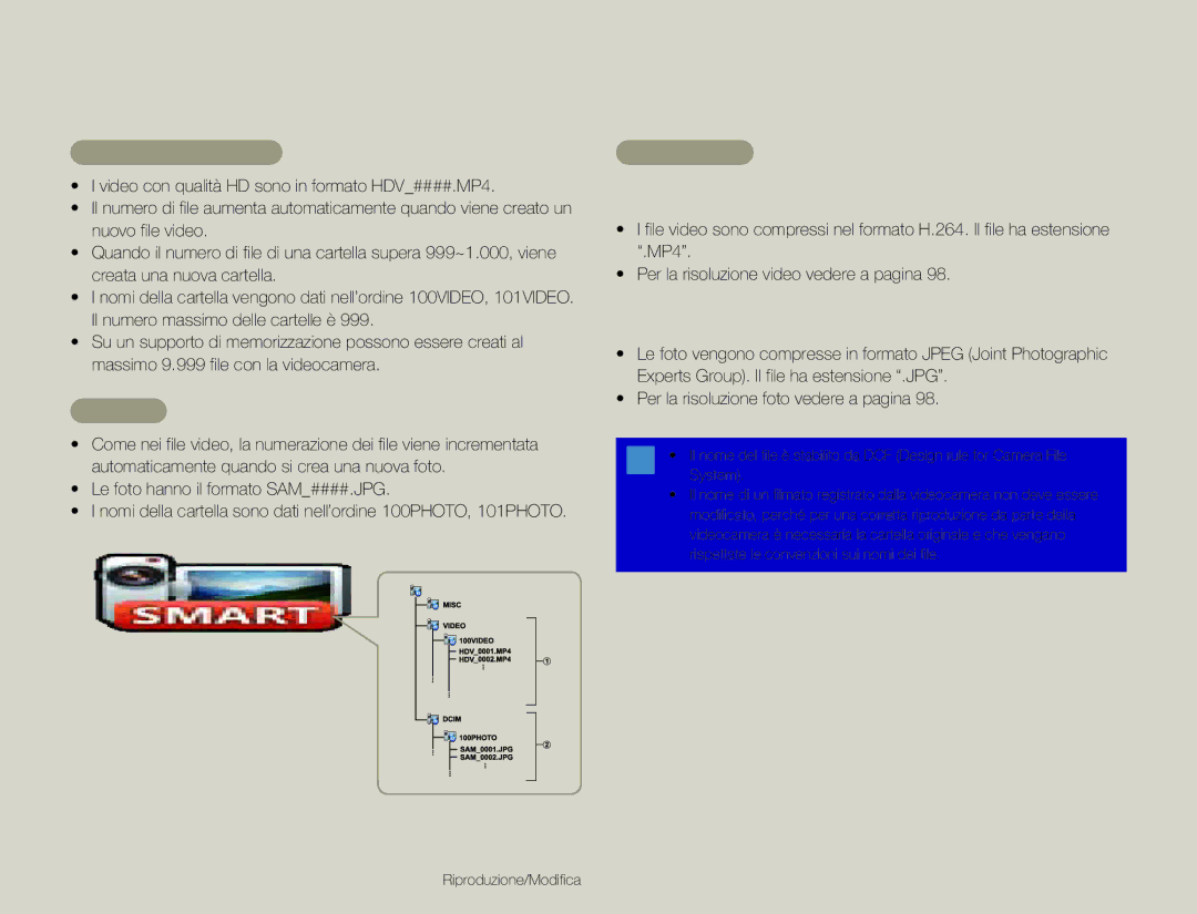 Samsung HMX-QF30WP/EDC, HMX-QF30BP/EDC manual File video H.264, Foto, Formato file 