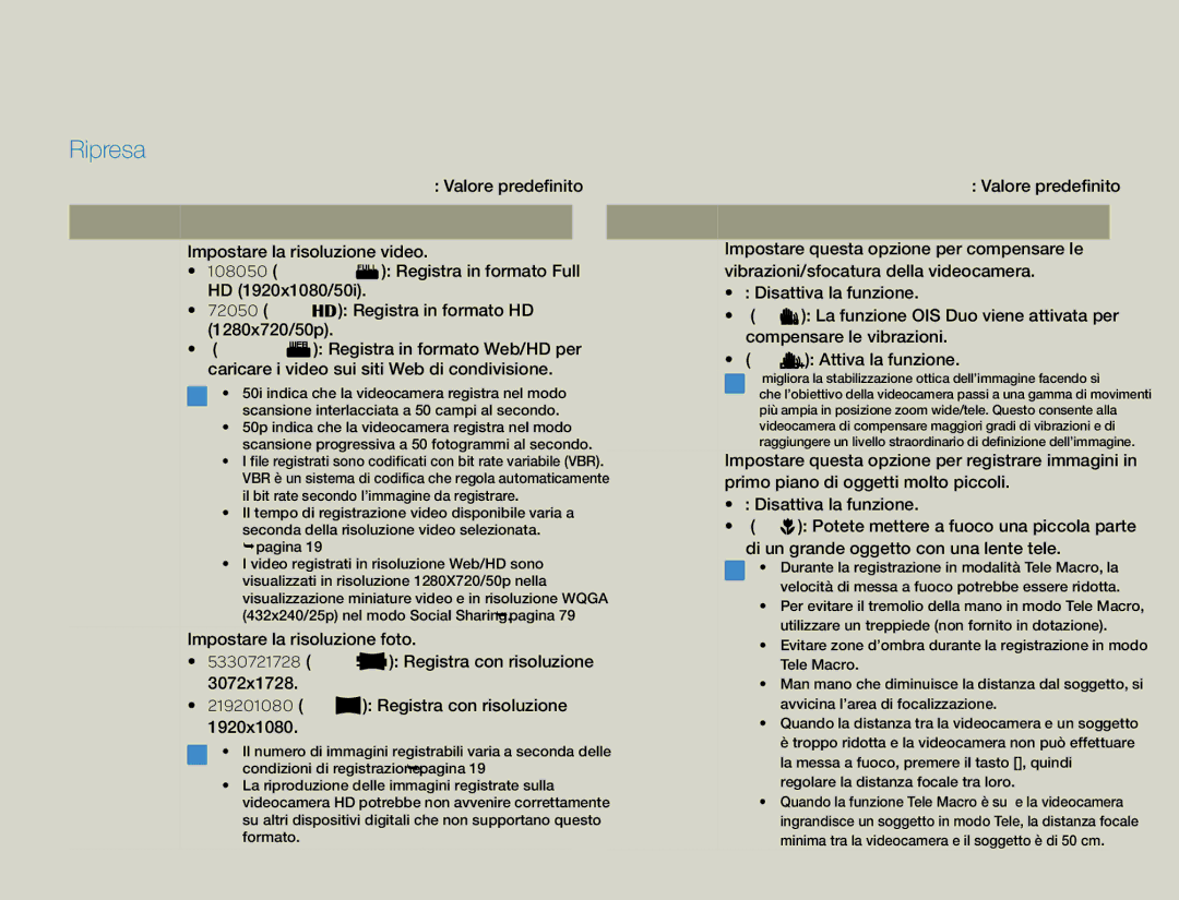 Samsung HMX-QF30BP/EDC, HMX-QF30WP/EDC manual Menu Impostazioni, Ripresa, Risoluzione, Valore predefinito, Tele Macro 