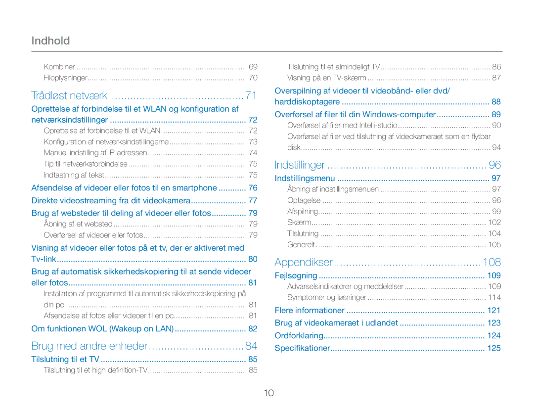 Samsung HMX-QF30BP/EDC, HMX-QF30WP/EDC manual Indhold, 108, Oprettelse af forbindelse til et Wlan og konfiguration af 