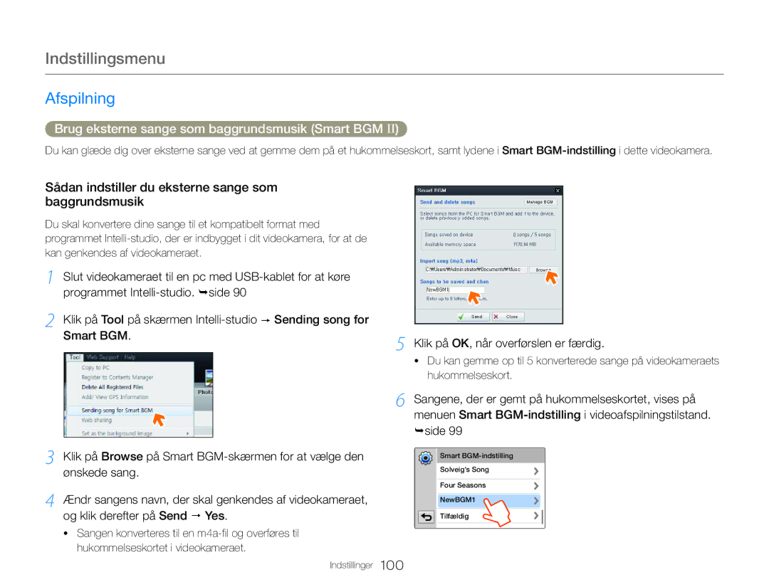 Samsung HMX-QF30BP/EDC manual Brug eksterne sange som baggrundsmusik Smart BGM, Klik på OK, når overførslen er færdig 