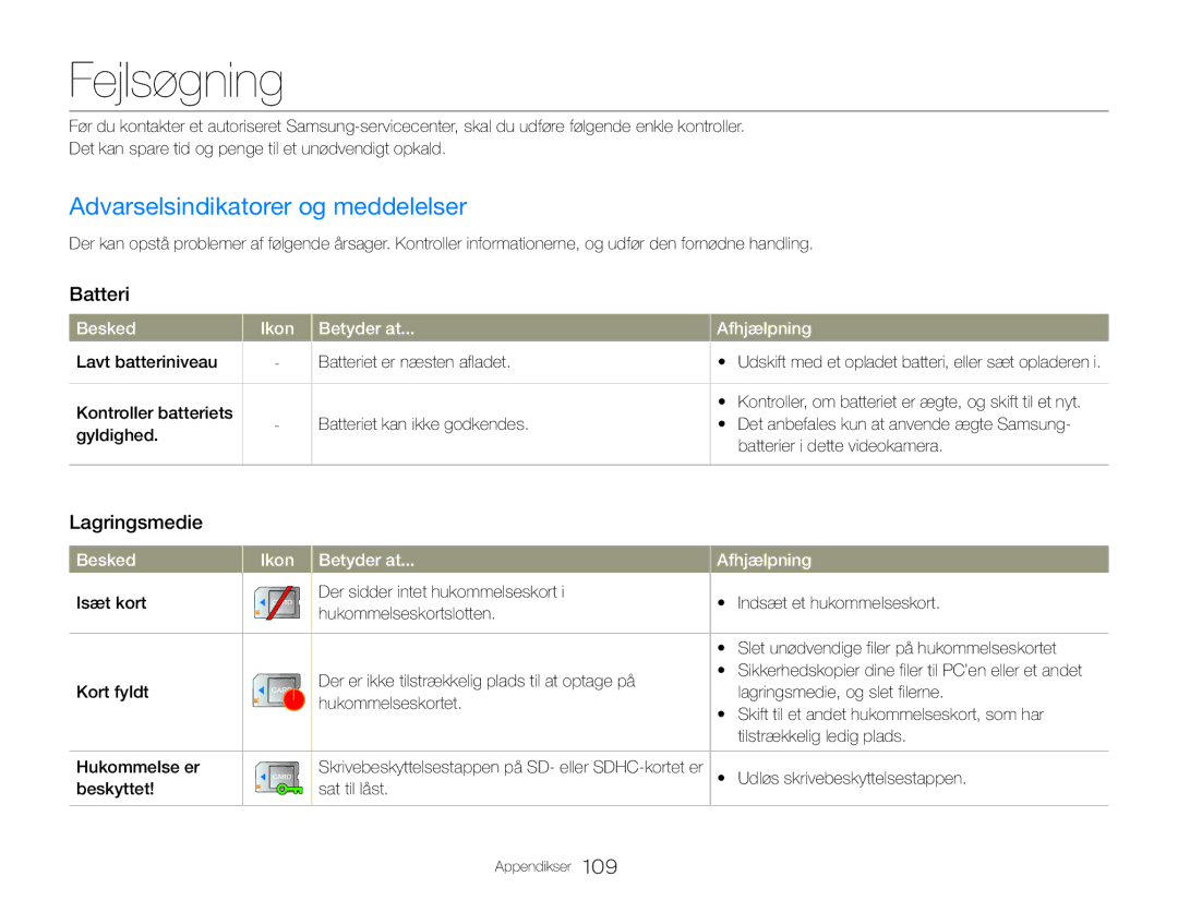 Samsung HMX-QF30WP/EDC, HMX-QF30BP/EDC manual Fejlsøgning, Batteri, Lagringsmedie 