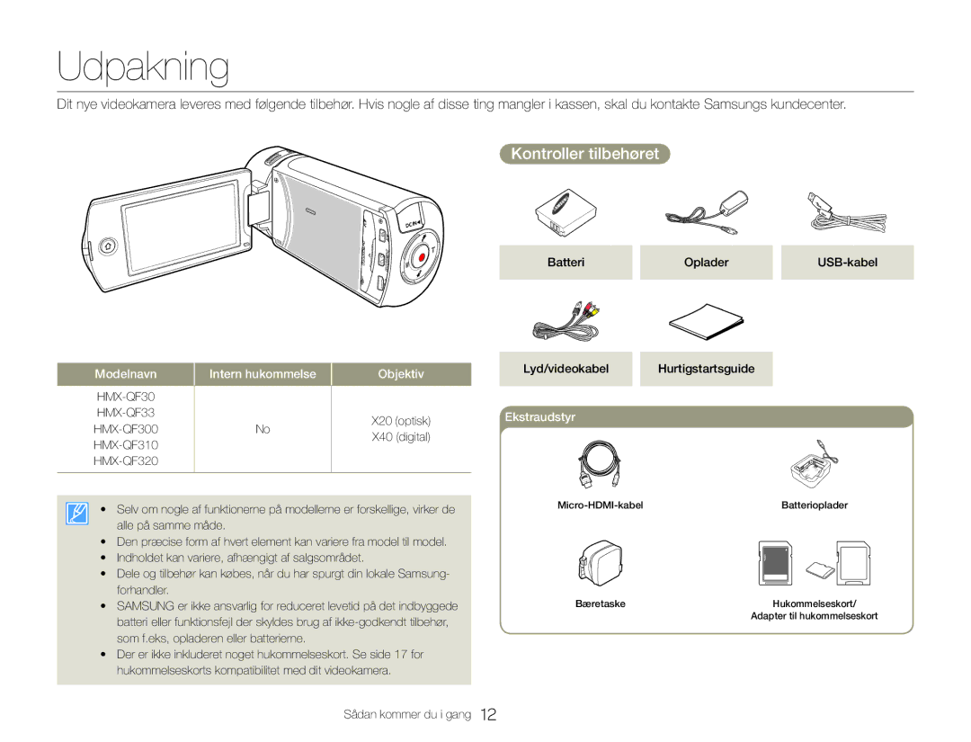 Samsung HMX-QF30BP/EDC, HMX-QF30WP/EDC manual Udpakning, Kontroller tilbehøret 