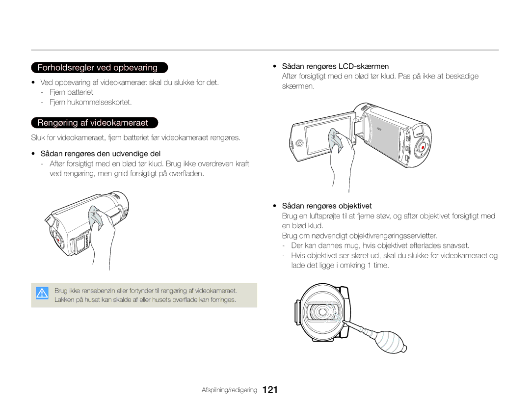 Samsung HMX-QF30WP/EDC, HMX-QF30BP/EDC manual Flere informationer, Forholdsregler ved opbevaring, Rengøring af videokameraet 