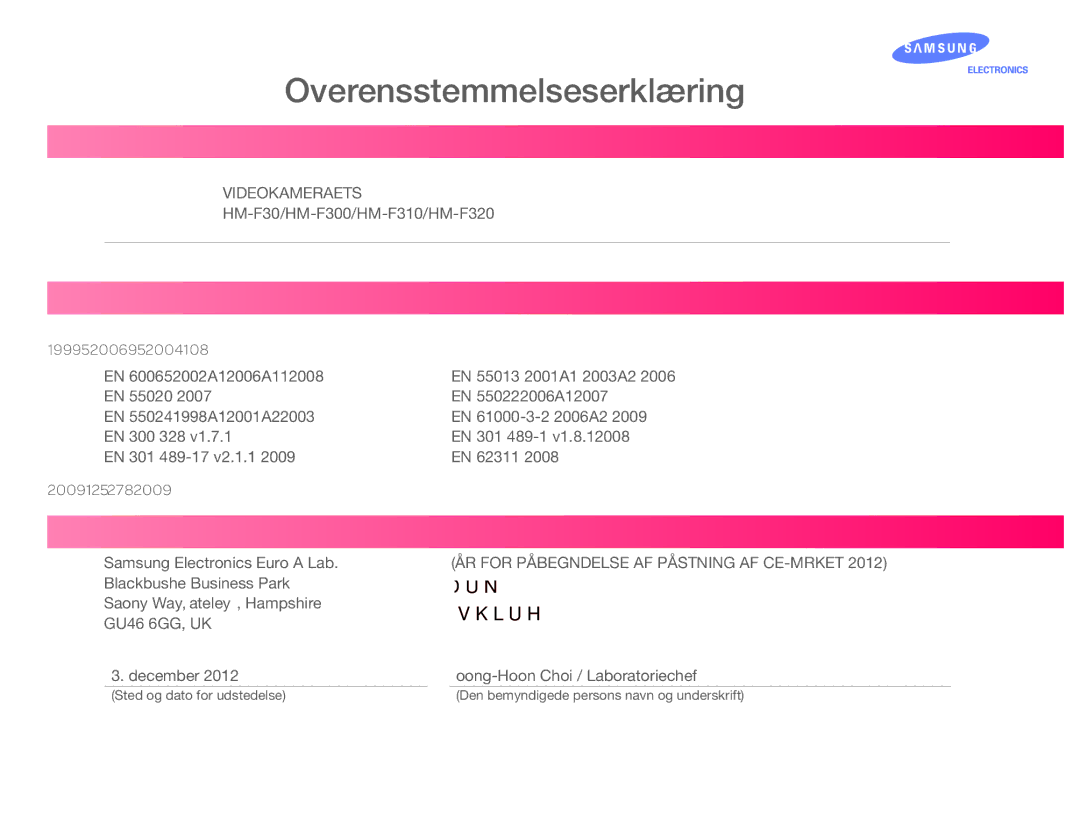 Samsung HMX-QF30BP/EDC, HMX-QF30WP/EDC manual Overensstemmelseserklæring, Samsung Electronics Euro QA Lab 