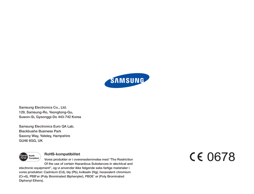 Samsung HMX-QF30BP/EDC, HMX-QF30WP/EDC manual RoHS-kompatibilitet 