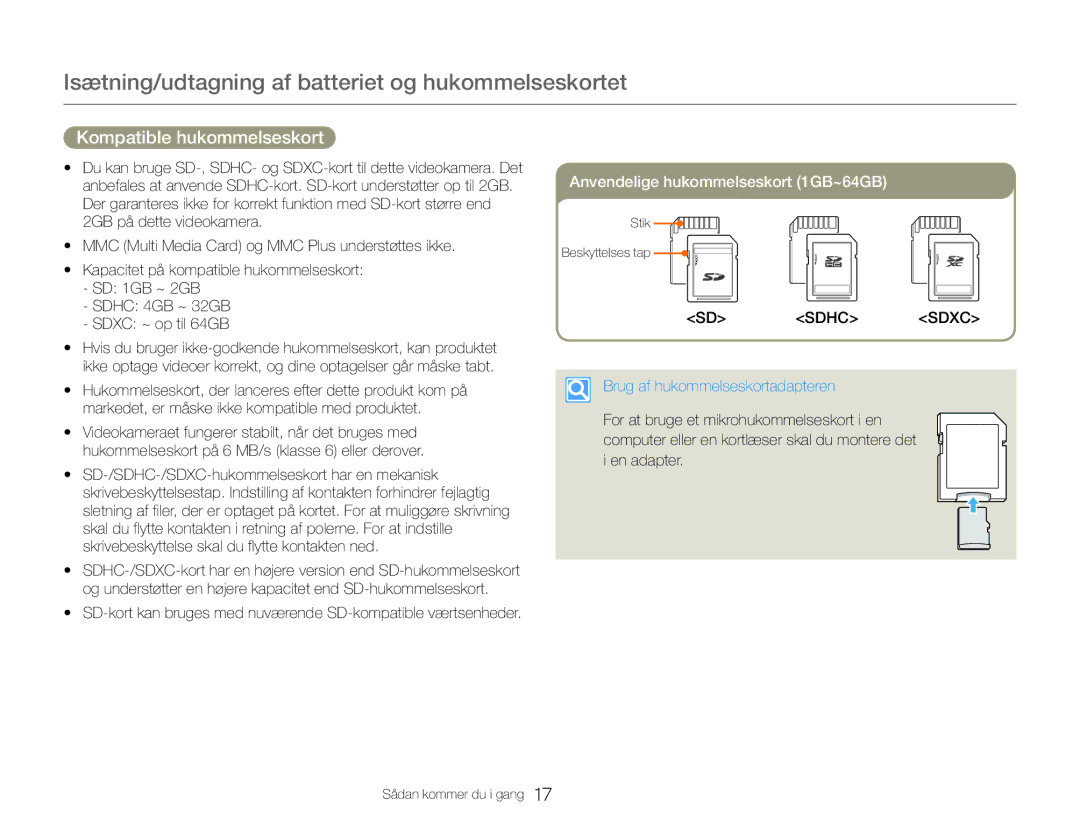 Samsung HMX-QF30WP/EDC manual Kompatible hukommelseskort, SD-kort kan bruges med nuværende SD-kompatible værtsenheder 