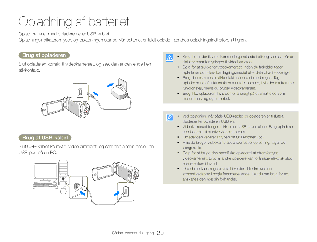 Samsung HMX-QF30BP/EDC, HMX-QF30WP/EDC manual Opladning af batteriet, Brug af opladeren, Brug af USB-kabel 