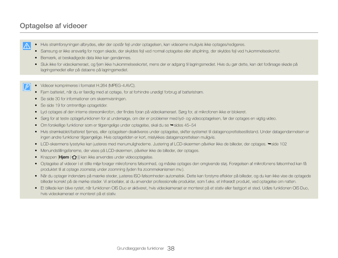 Samsung HMX-QF30BP/EDC, HMX-QF30WP/EDC manual Optagelse af videoer 