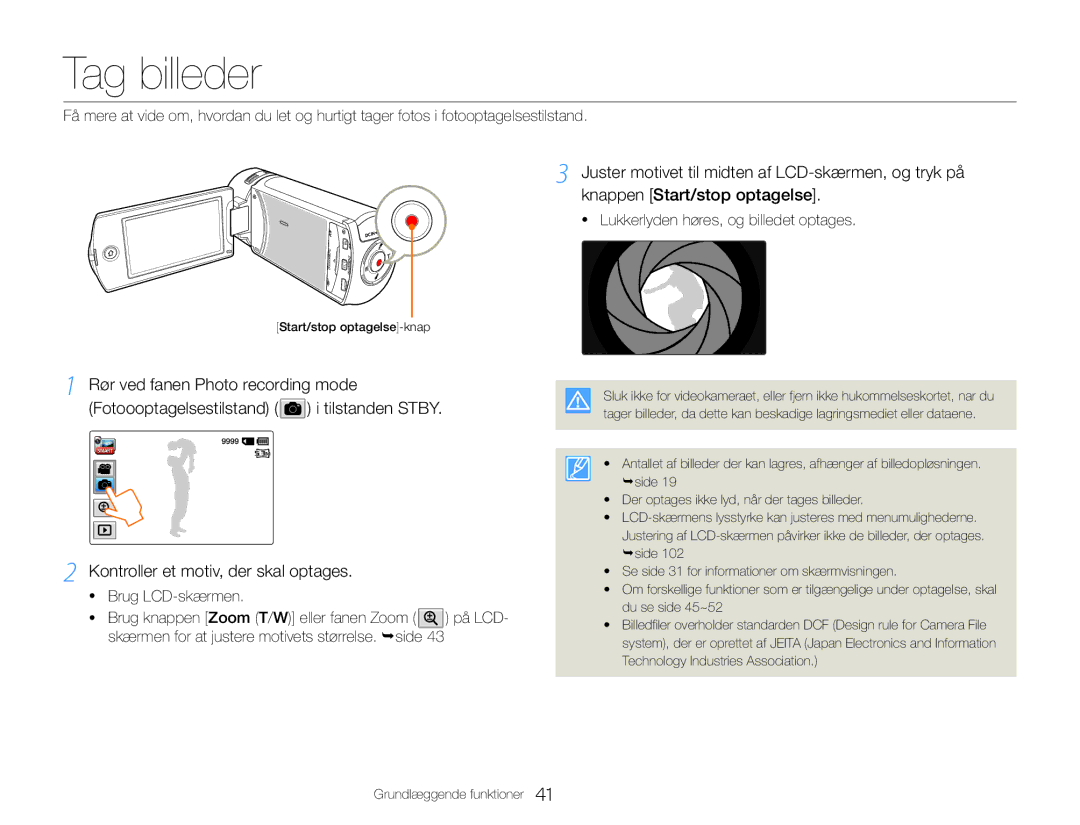 Samsung HMX-QF30WP/EDC, HMX-QF30BP/EDC manual Tag billeder, Lukkerlyden høres, og billedet optages 