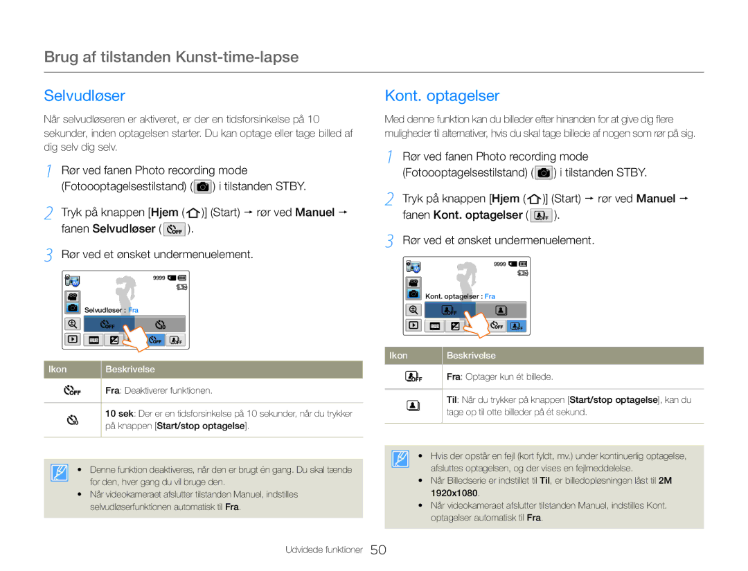 Samsung HMX-QF30BP/EDC, HMX-QF30WP/EDC manual Brug af tilstanden Kunst-time-lapse, Selvudløser, Kont. optagelser 