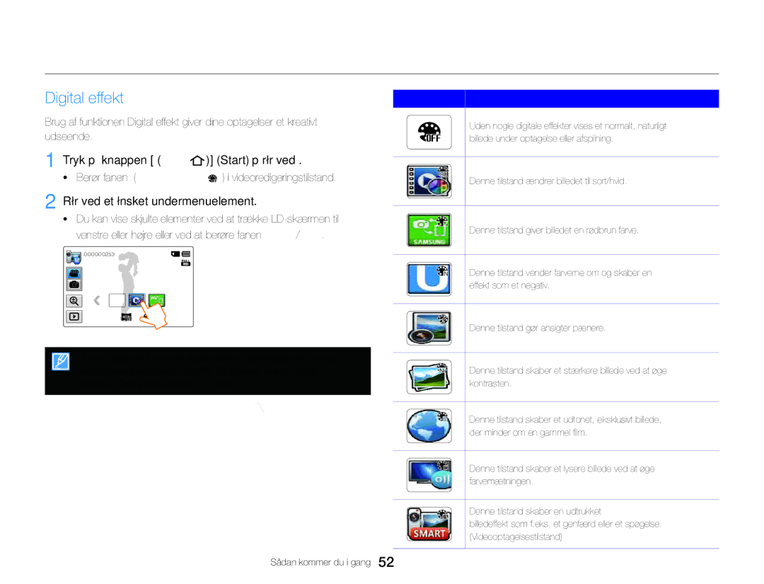 Samsung HMX-QF30BP/EDC, HMX-QF30WP/EDC manual Digital effekt, Tryk på knappen Hjem Start  rør ved Kunstfilm 