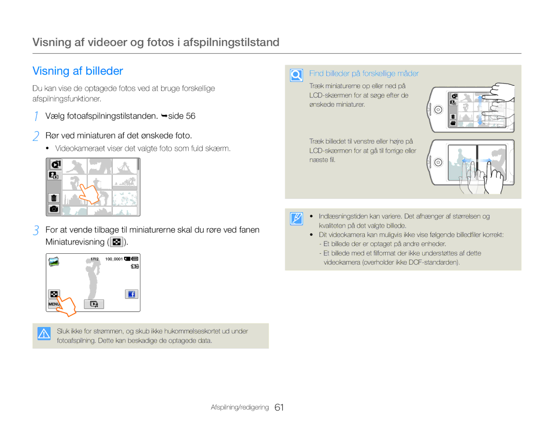 Samsung HMX-QF30WP/EDC, HMX-QF30BP/EDC manual Visning af billeder, Videokameraet viser det valgte foto som fuld skærm 