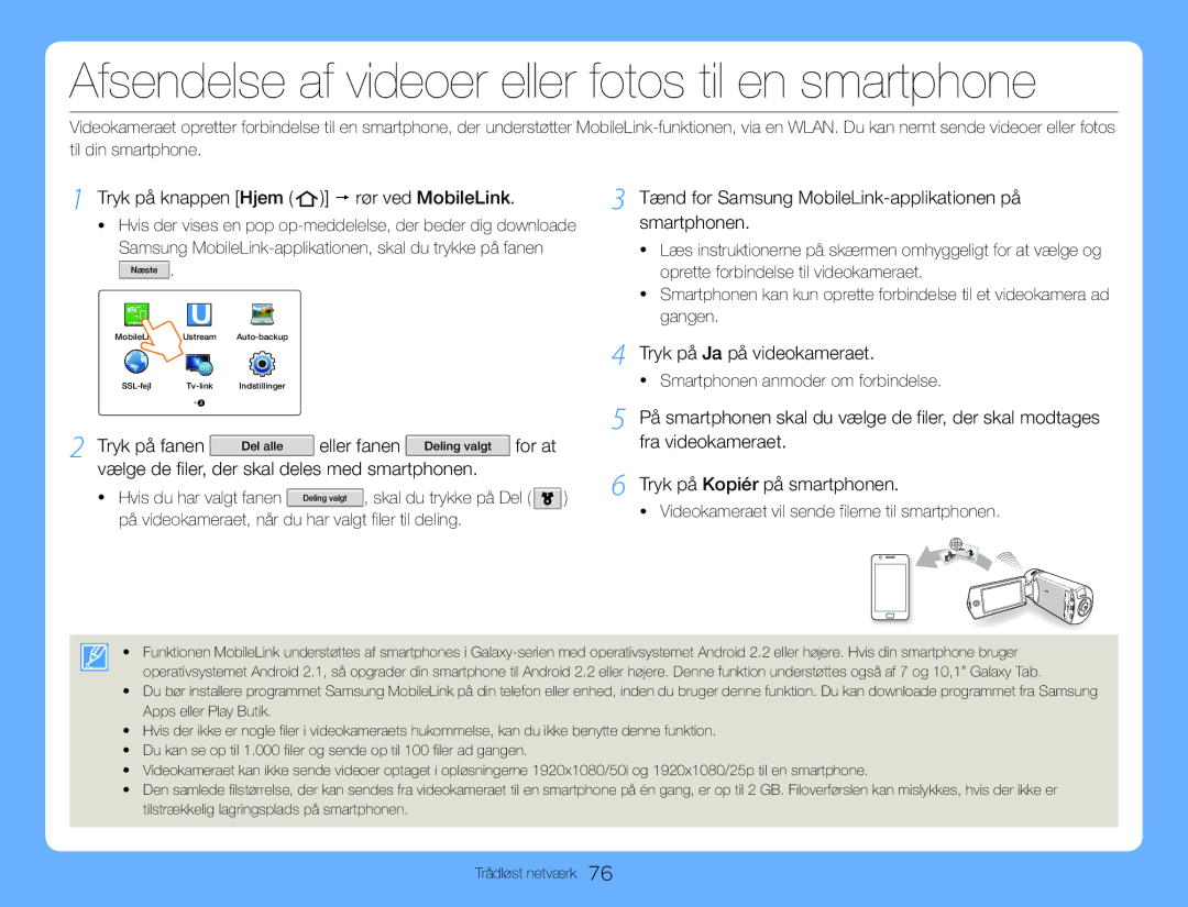 Samsung HMX-QF30BP/EDC, HMX-QF30WP/EDC manual Afsendelse af videoer eller fotos til en smartphone 