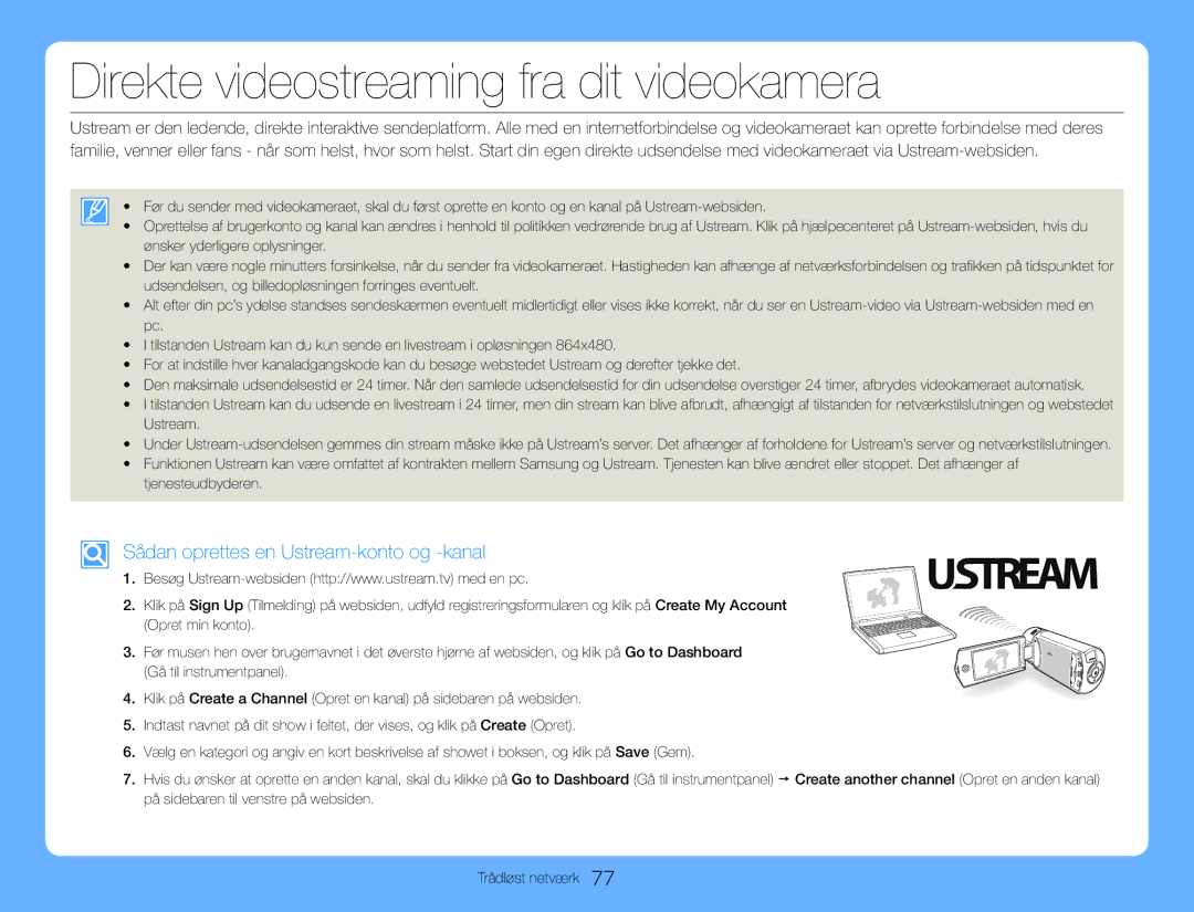 Samsung HMX-QF30WP/EDC manual Direkte videostreaming fra dit videokamera, Sådan oprettes en Ustream-konto og -kanal 