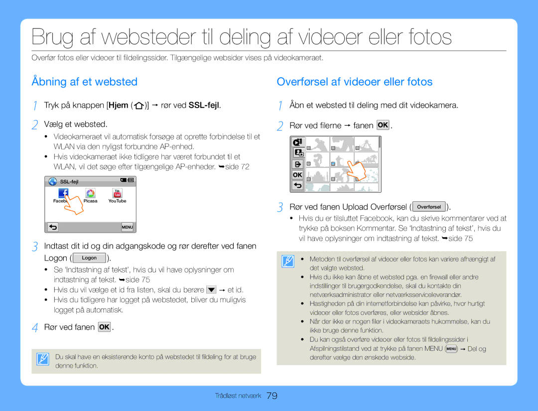 Samsung HMX-QF30WP/EDC, HMX-QF30BP/EDC manual Brug af websteder til deling af videoer eller fotos, Åbning af et websted 