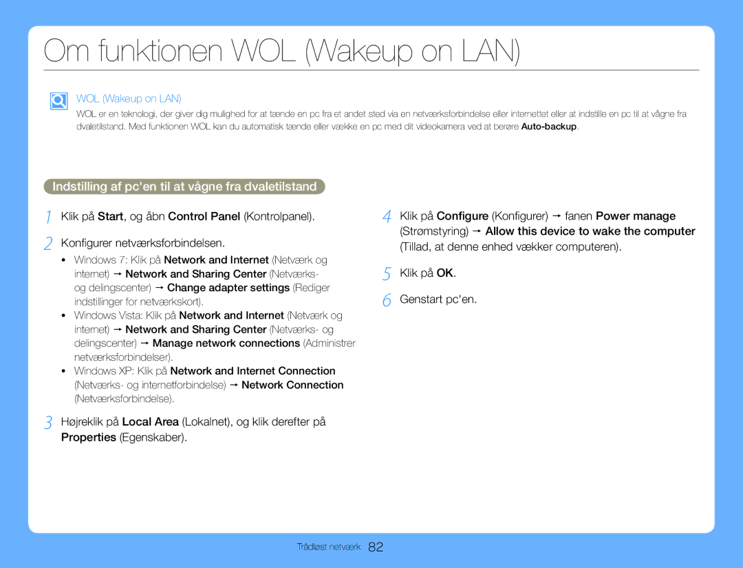 Samsung HMX-QF30BP/EDC, HMX-QF30WP/EDC Om funktionen WOL Wakeup on LAN, Indstilling af pcen til at vågne fra dvaletilstand 