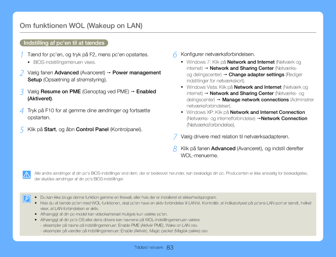 Samsung HMX-QF30WP/EDC Om funktionen WOL Wakeup on LAN, Indstilling af pcen til at tændes, BIOS-indstillingsmenuen vises 