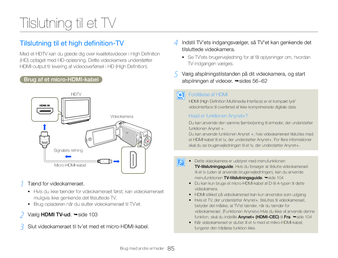 Samsung HMX-QF30WP/EDC manual Tilslutning til et TV, Tilslutning til et high definition-TV, Brug af et micro-HDMI-kabel 