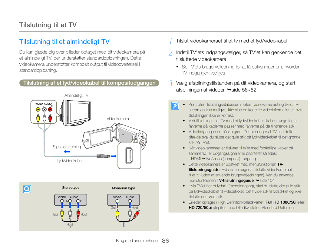 Samsung HMX-QF30BP/EDC Tilslutning til et TV, Tilslutning til et almindeligt TV, Afspilningen af videoer. side 56~62 