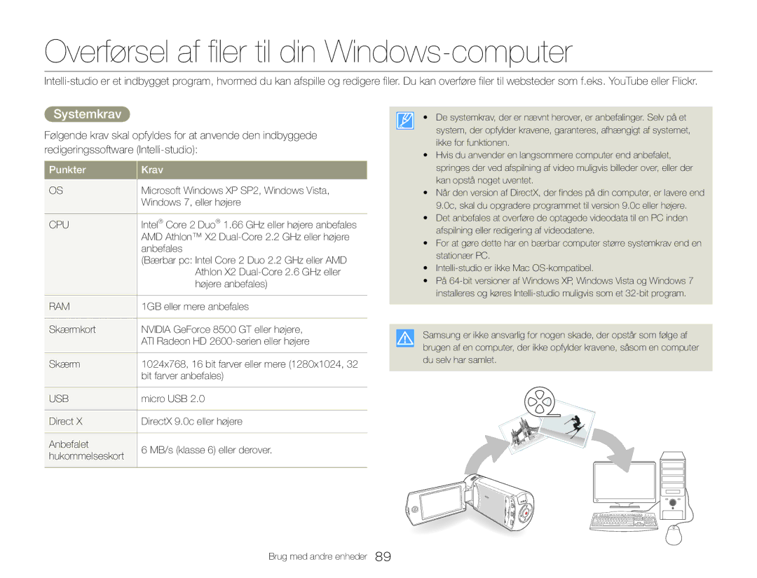 Samsung HMX-QF30WP/EDC, HMX-QF30BP/EDC manual Overførsel af filer til din Windows-computer, Systemkrav 