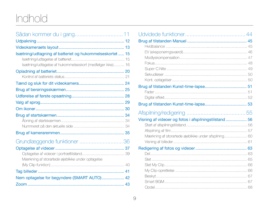 Samsung HMX-QF30WP/EDC, HMX-QF30BP/EDC manual Indhold 