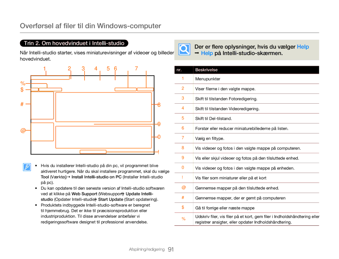 Samsung HMX-QF30WP/EDC, HMX-QF30BP/EDC manual Trin 2. Om hovedvinduet i Intelli-studio, 3 4 5 6 