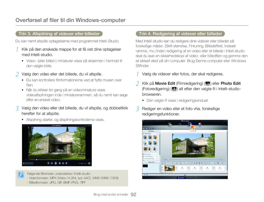 Samsung HMX-QF30BP/EDC manual Trin 3. Afspilning af videoer eller billeder, Trin 4. Redigering af videoer eller billeder 