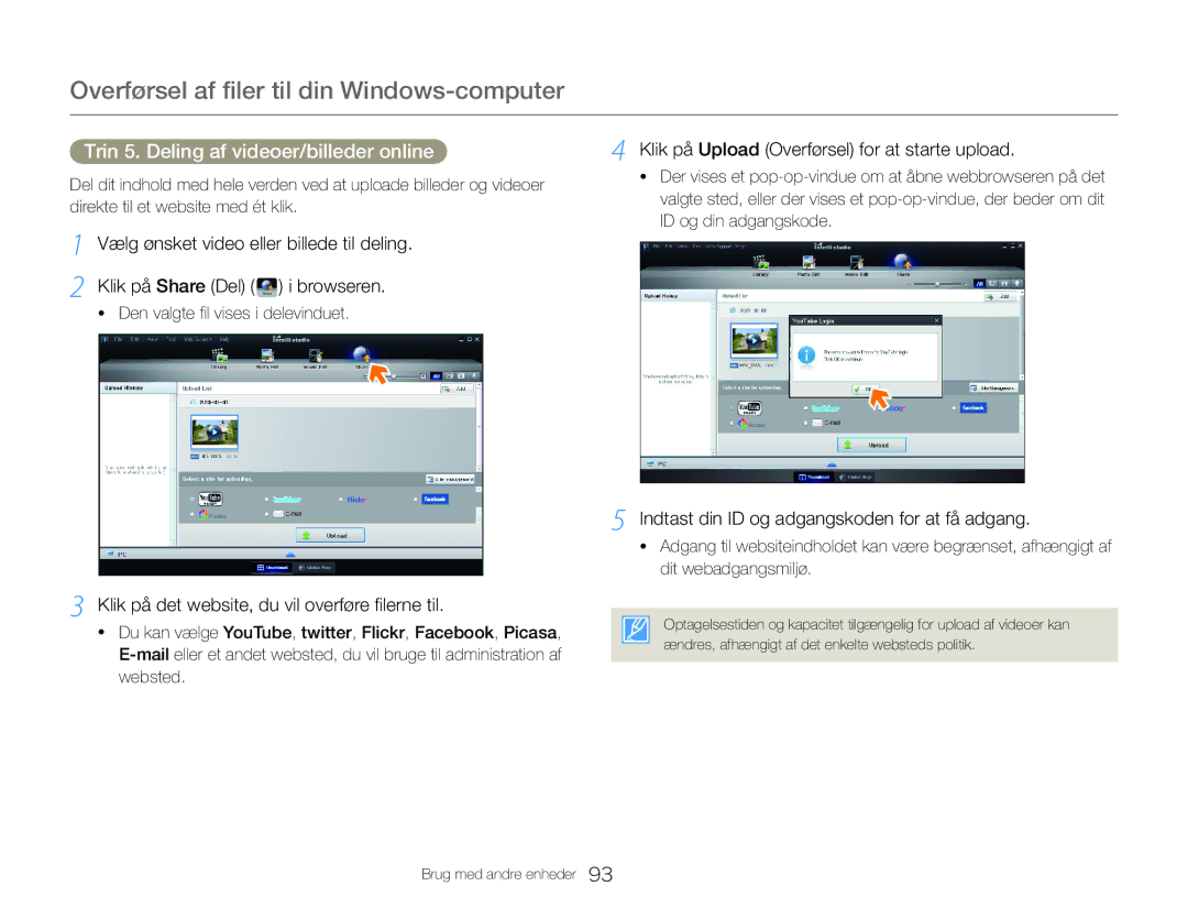 Samsung HMX-QF30WP/EDC, HMX-QF30BP/EDC manual Trin 5. Deling af videoer/billeder online 