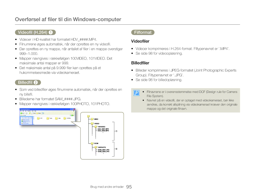 Samsung HMX-QF30WP/EDC, HMX-QF30BP/EDC manual Videofil H.264, Filformat, Videofiler, Billedfiler 