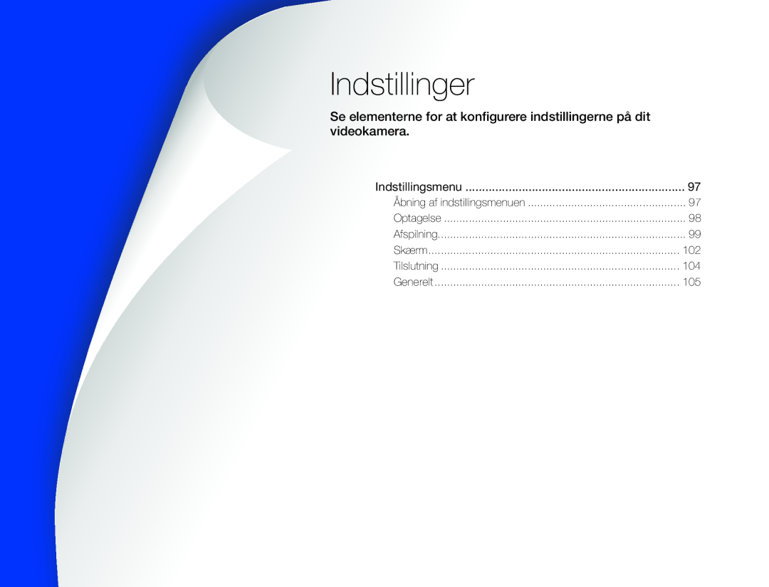 Samsung HMX-QF30BP/EDC, HMX-QF30WP/EDC manual Indstillinger, 102 