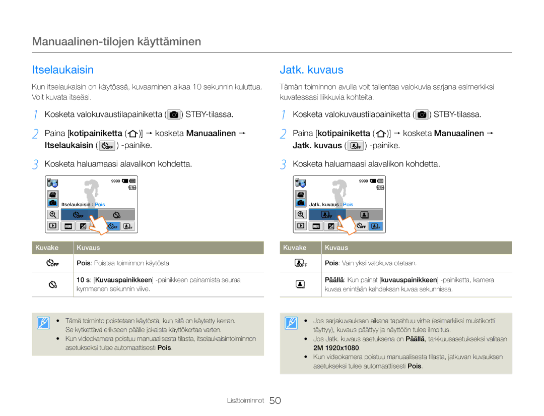 Samsung HMX-QF30BP/EDC, HMX-QF30WP/EDC manual Itselaukaisin, Jatk. kuvaus Painike Kosketa haluamaasi alavalikon kohdetta 