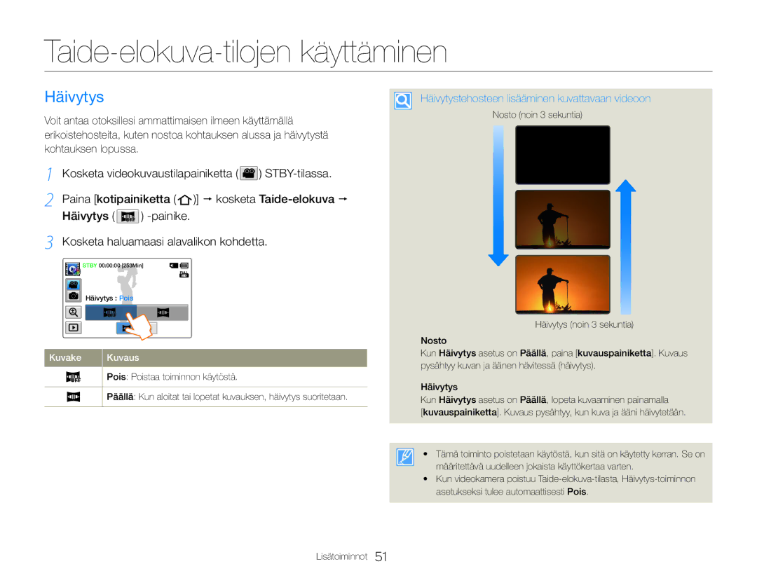 Samsung HMX-QF30WP/EDC manual Taide-elokuva-tilojen käyttäminen, Häivytys, Paina kotipainiketta  kosketa Taide-elokuva  