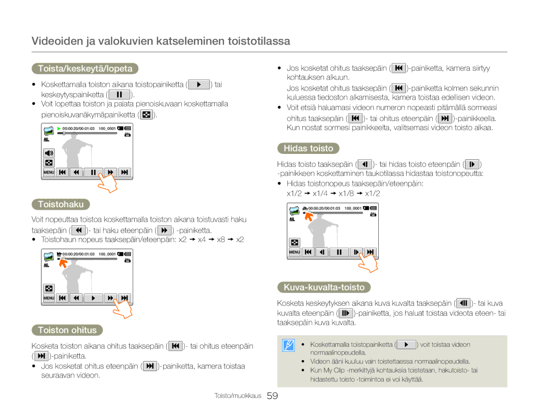 Samsung HMX-QF30WP/EDC manual Toista/keskeytä/lopeta, Toistohaku, Hidas toisto, Toiston ohitus Kuva-kuvalta-toisto 