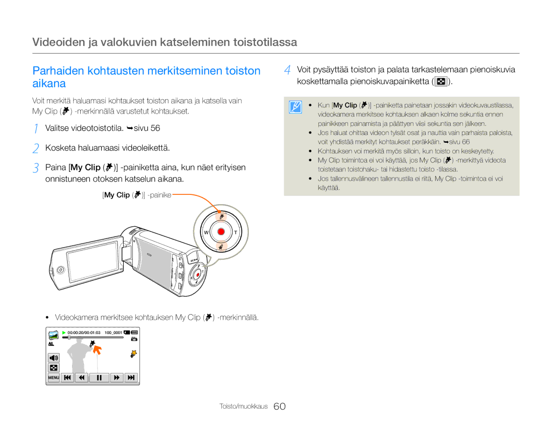 Samsung HMX-QF30BP/EDC, HMX-QF30WP/EDC manual Parhaiden kohtausten merkitseminen toiston, Aikana 