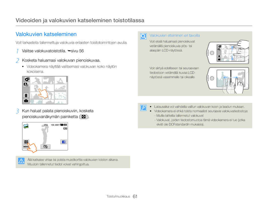 Samsung HMX-QF30WP/EDC, HMX-QF30BP/EDC manual Valokuvien katseleminen, Valokuvien etsiminen eri tavoilla 