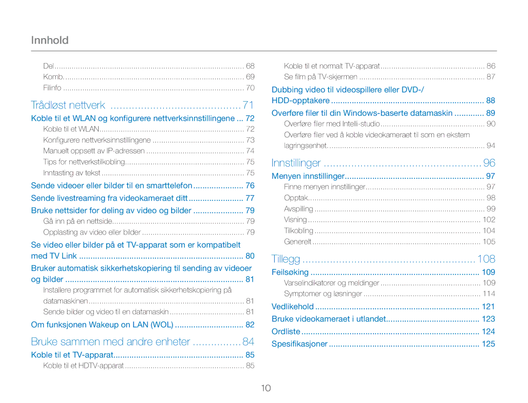 Samsung HMX-QF30BP/EDC, HMX-QF30WP/EDC manual Innhold, 108, Koble til et Wlan og konfigurere nettverksinnstillingene 