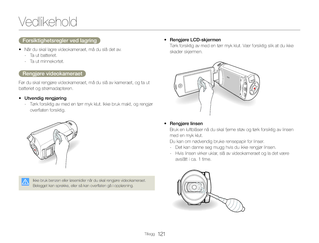 Samsung HMX-QF30WP/EDC, HMX-QF30BP/EDC manual Vedlikehold, Forsiktighetsregler ved lagring, Rengjøre videokameraet 