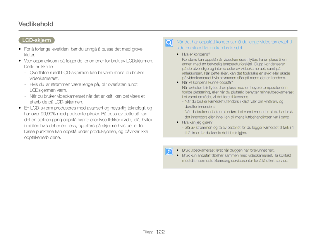 Samsung HMX-QF30BP/EDC, HMX-QF30WP/EDC manual Vedlikehold, LCD-skjerm 