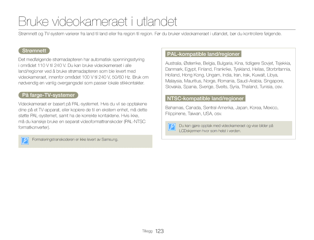 Samsung HMX-QF30WP/EDC manual Bruke videokameraet i utlandet, Strømnett, På farge-TV-systemer, PAL-kompatible land/regioner 