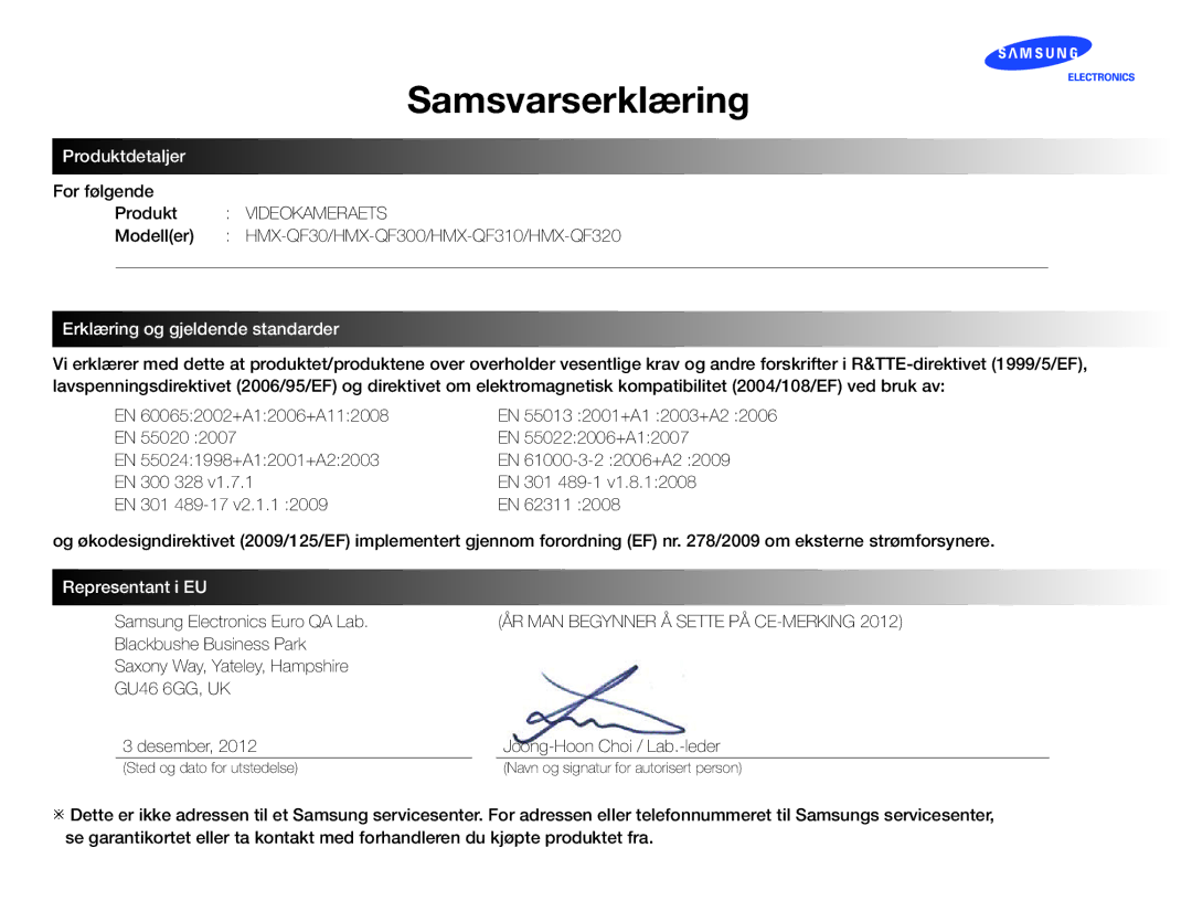 Samsung HMX-QF30BP/EDC, HMX-QF30WP/EDC manual Samsvarserklæring, Samsung Electronics Euro QA Lab 