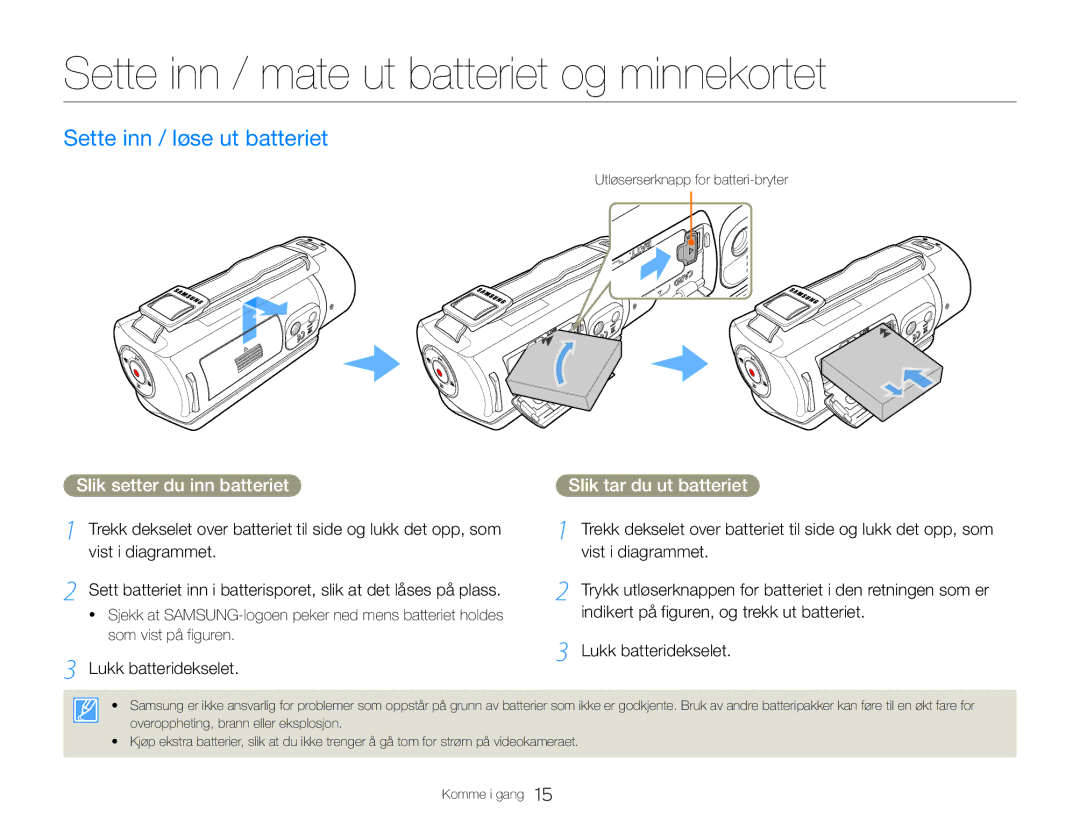 Samsung HMX-QF30WP/EDC Sette inn / mate ut batteriet og minnekortet, Sette inn / løse ut batteriet, Lukk batteridekselet 