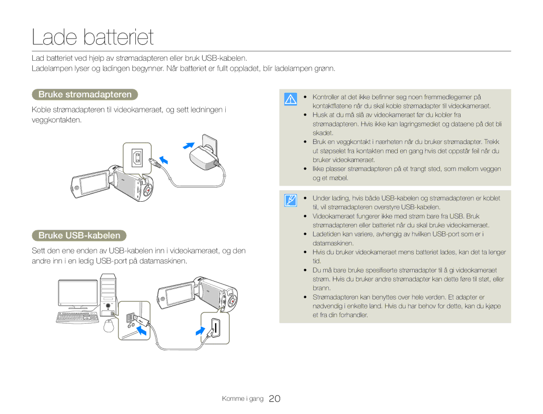 Samsung HMX-QF30BP/EDC, HMX-QF30WP/EDC manual Lade batteriet, Bruke strømadapteren, Bruke USB-kabelen 