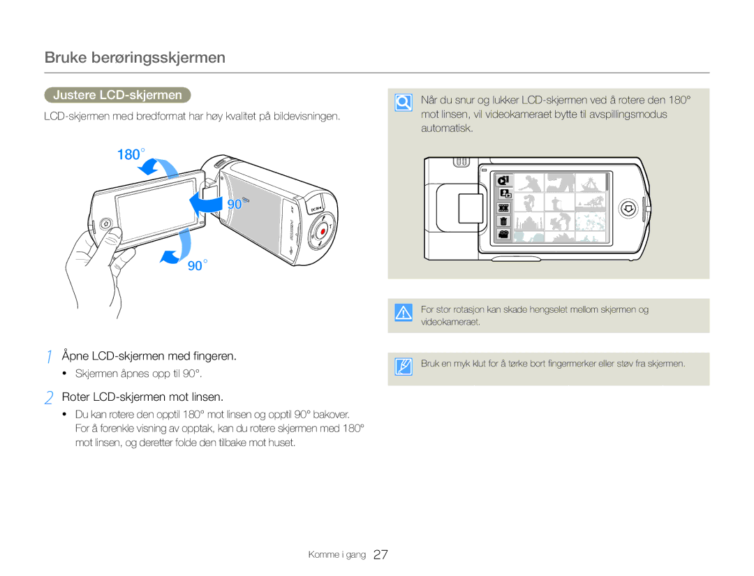 Samsung HMX-QF30WP/EDC, HMX-QF30BP/EDC Justere LCD-skjermen, Åpne LCD-skjermen med fingeren, Roter LCD-skjermen mot linsen 