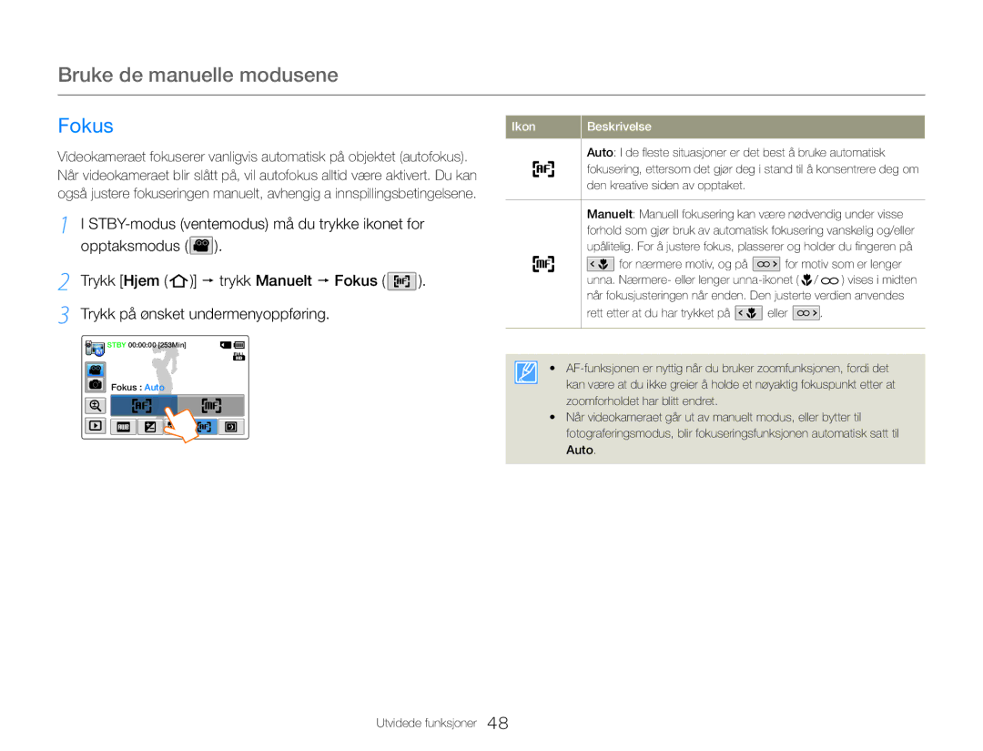 Samsung HMX-QF30BP/EDC, HMX-QF30WP/EDC manual Fokus 