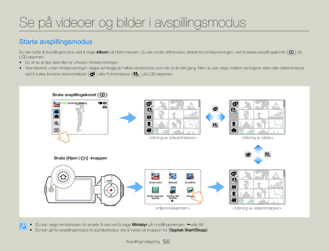 Samsung HMX-QF30BP/EDC, HMX-QF30WP/EDC manual Se på videoer og bilder i avspillingsmodus, Starte avspillingsmodus 