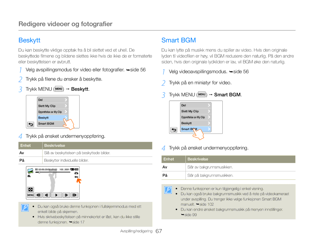 Samsung HMX-QF30WP/EDC, HMX-QF30BP/EDC manual Beskytt, Smart BGM 